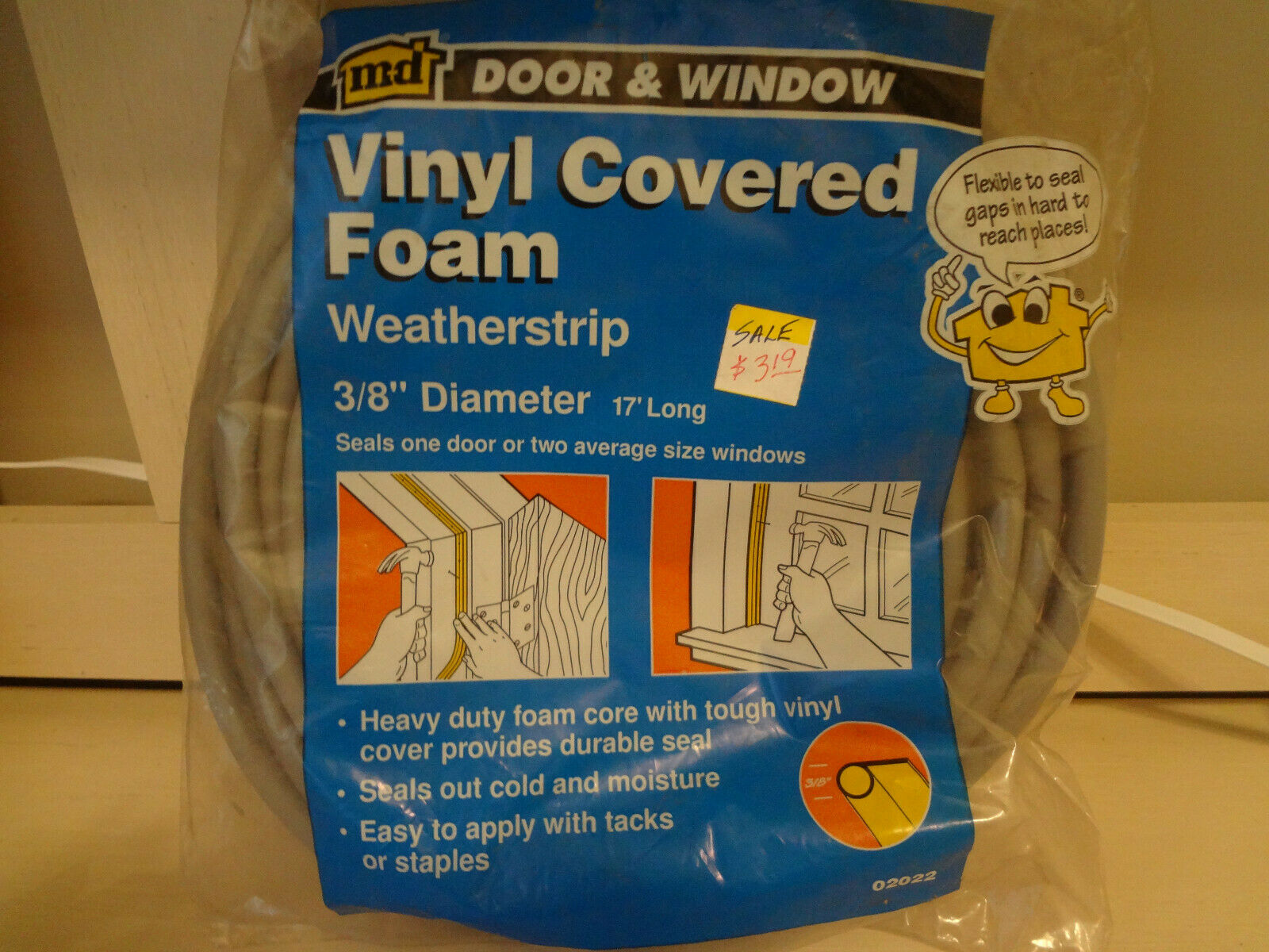 Md Door & Window Vinyl Covered Foam Weatherstrip 3/8" Diameter 17' Long #02022