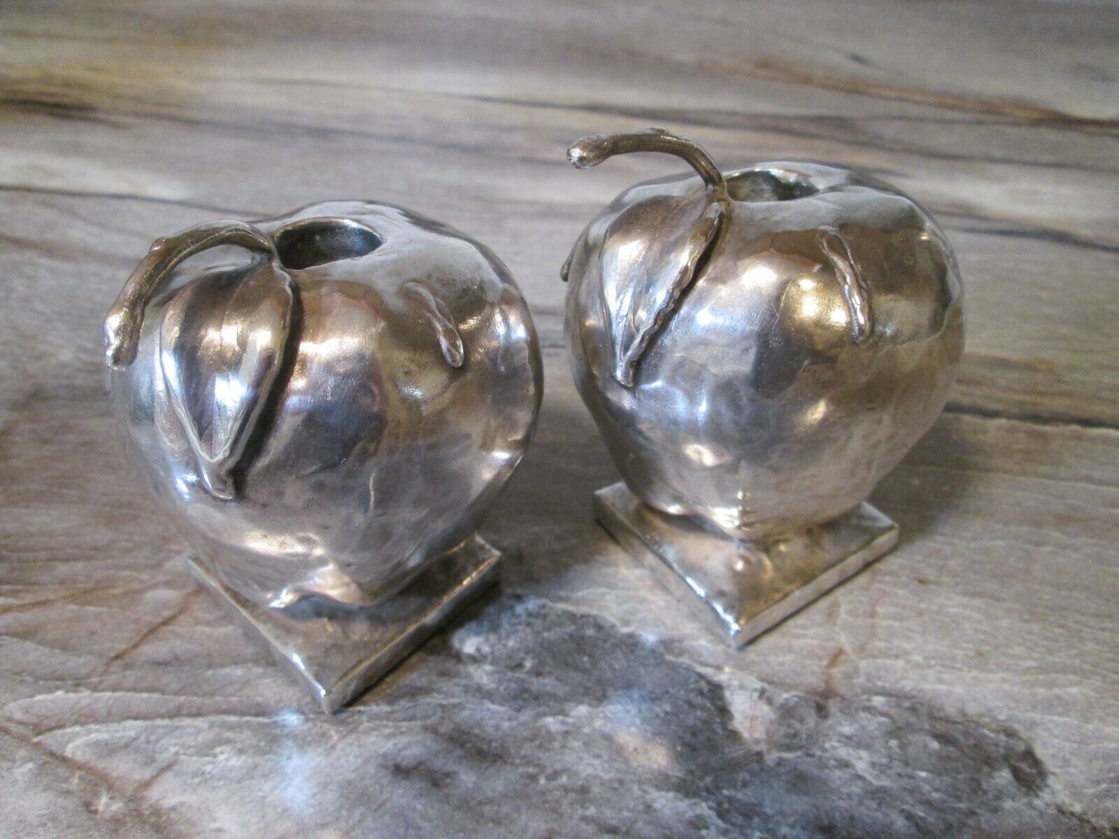 Apple Candle Taper Holders - Chased Sterling Silver - Ceremonial Judaism  Signed