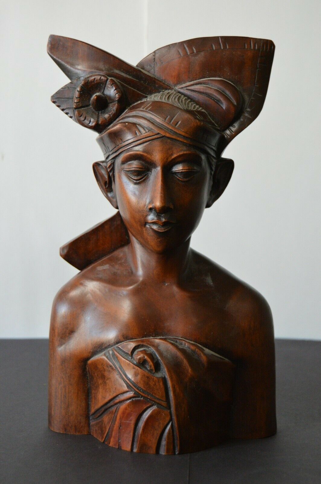 Vintage Mcm Hand Carved Wooden Bust Bali Indonesia Heavy Male Warrior Teak