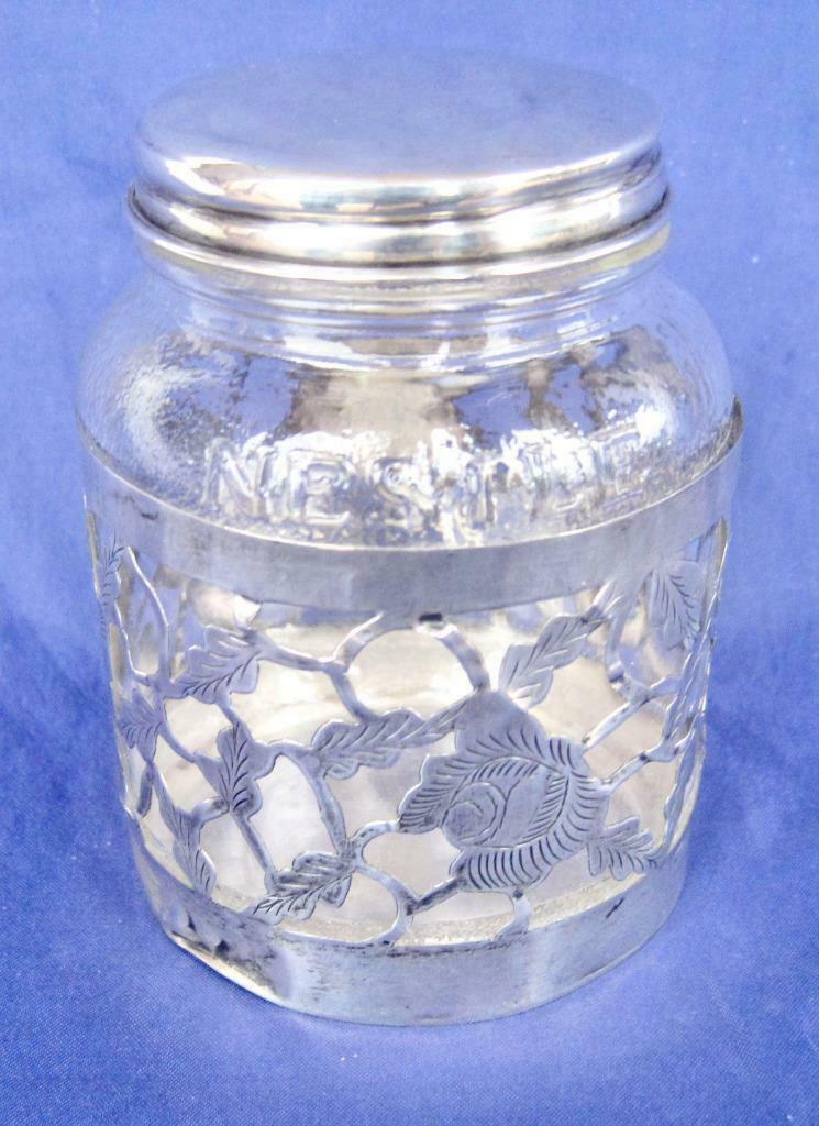 Vintage Nestle Glass Jar W/sterling Silver Overlay Lid 925 Marked Mexico 3 5/8"