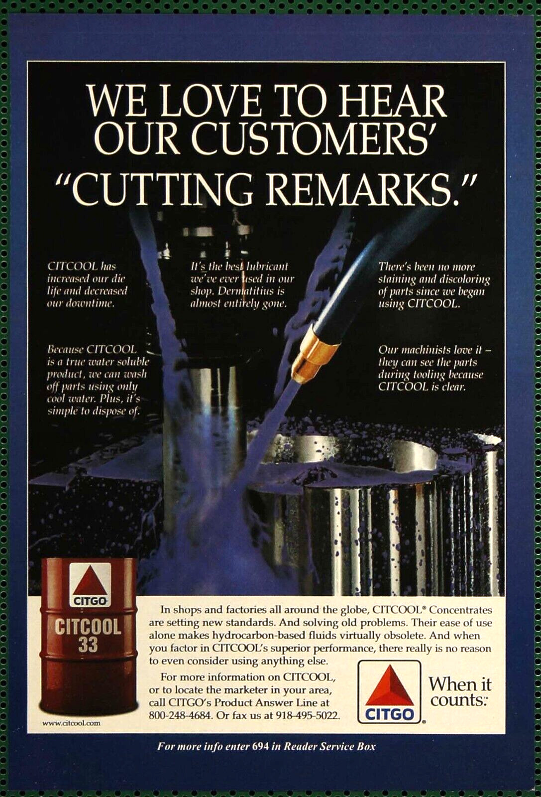 Citgo Citcool 33 Water Soluble Machining Cutting Lubricant Vintage Print Ad 1998