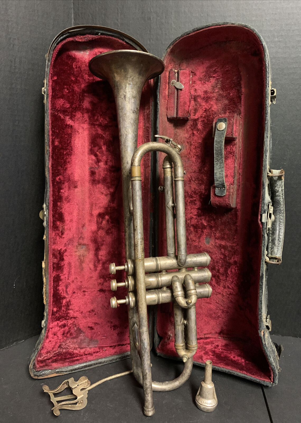 Antique Vtg Trumpet W/case Cauffman 1k Mouthpiece Mkoriot Mother Of Pearl Keys
