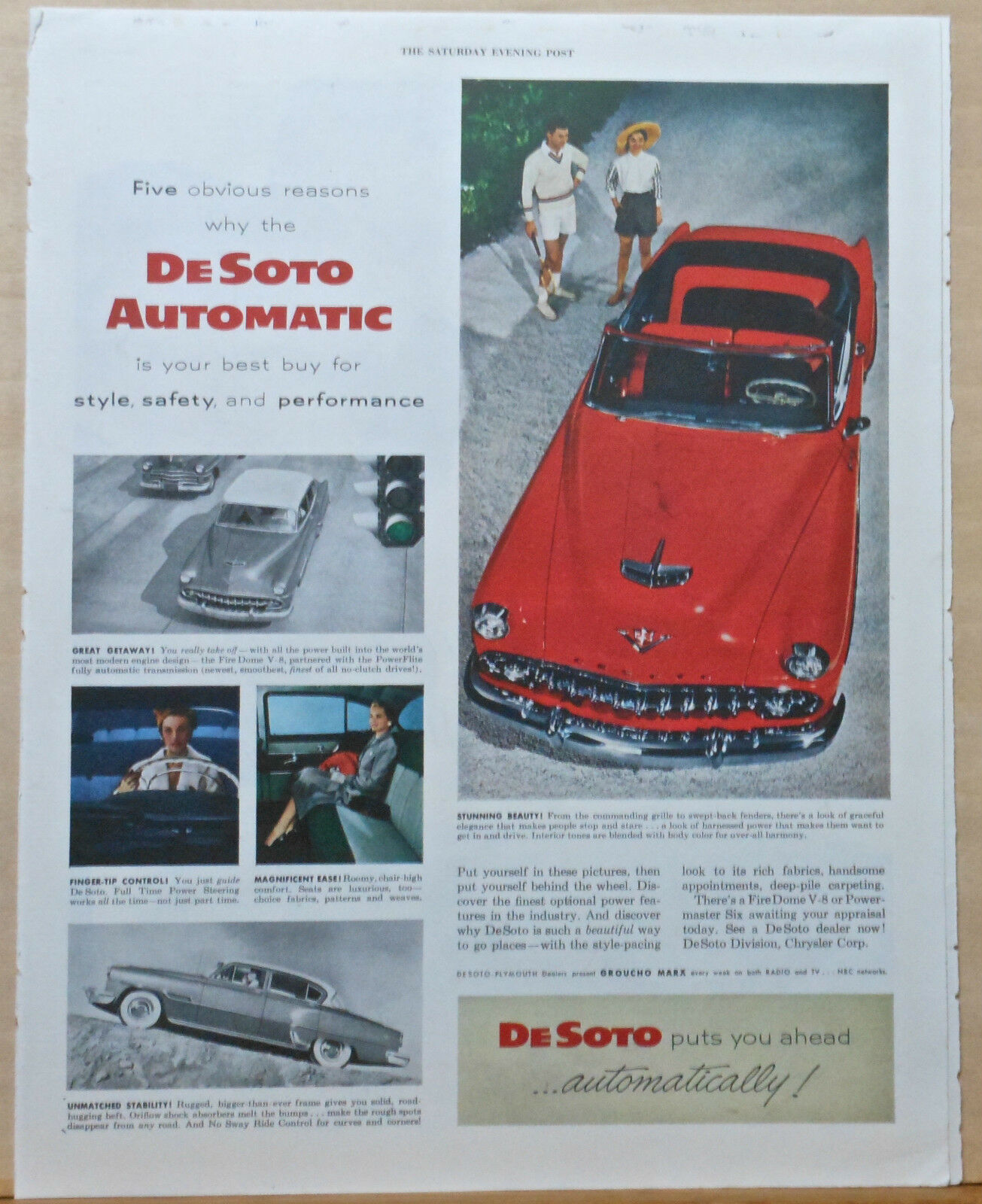 1954 Magazine Ad For Desoto - Fire Dome V-8, Red Convertible, Stunning Beauty