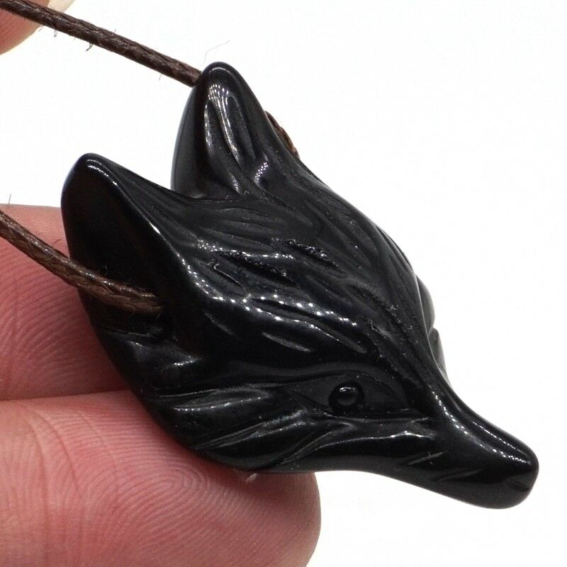 Fox Head Pendant Natural Gem Black Obsidian Crystal Reiki Healing Necklace Gift