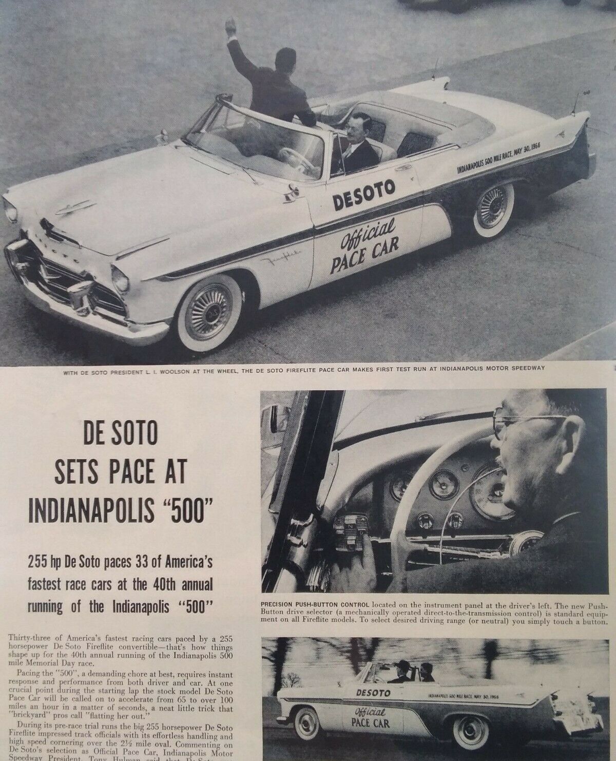 Desoto Print Ad Original Rare Vtg 1950s Fireflite Chrysler Convertible Indy 500