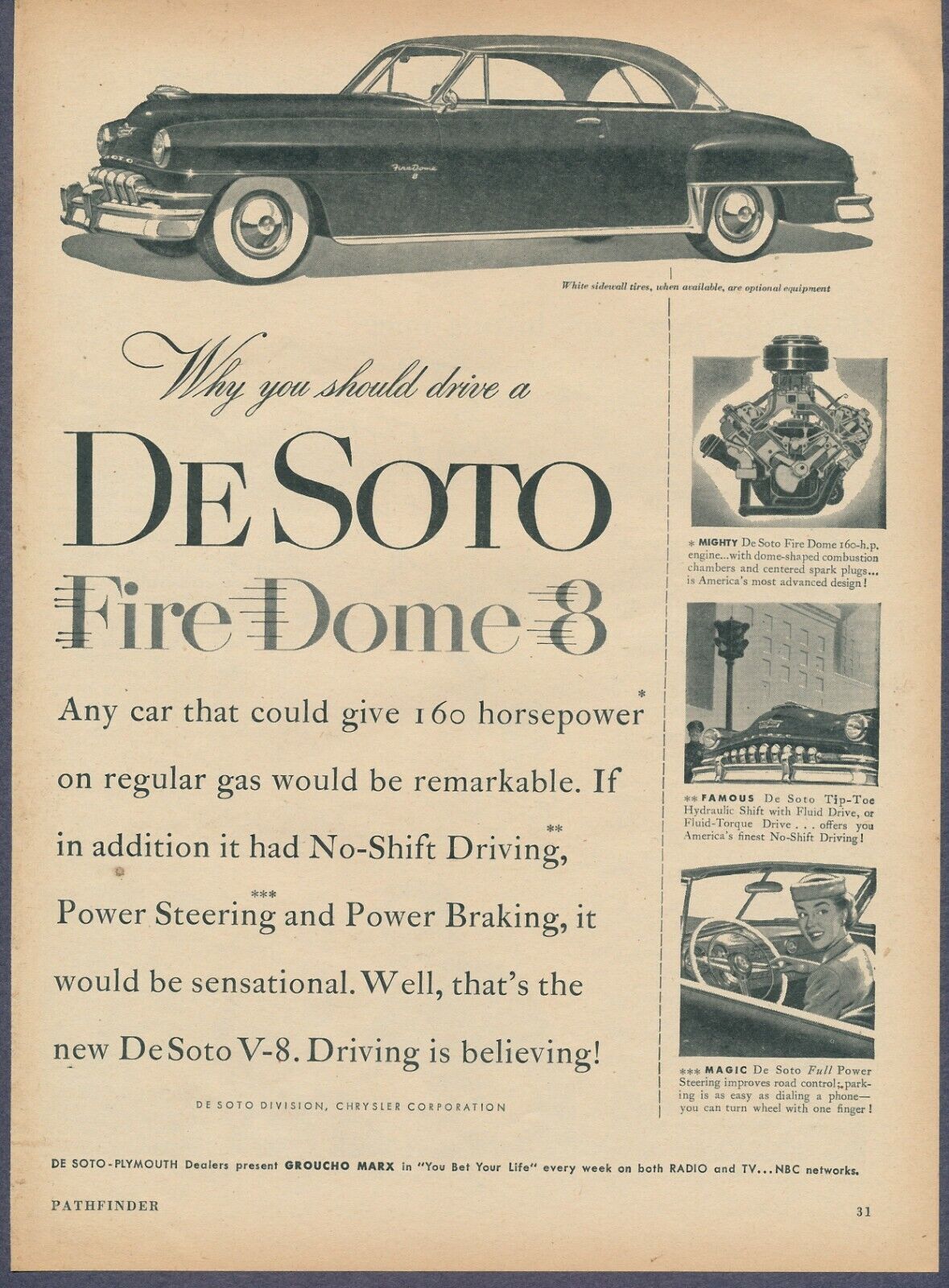 Desoto Fire Dome 8 Automobile Vintage Magazine Print Ad 1952