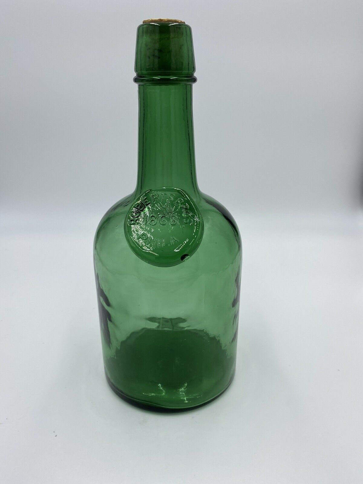 Vintage Rogers Bros 1863  Philadelphia Green Glass Decanter Bottle W/cork