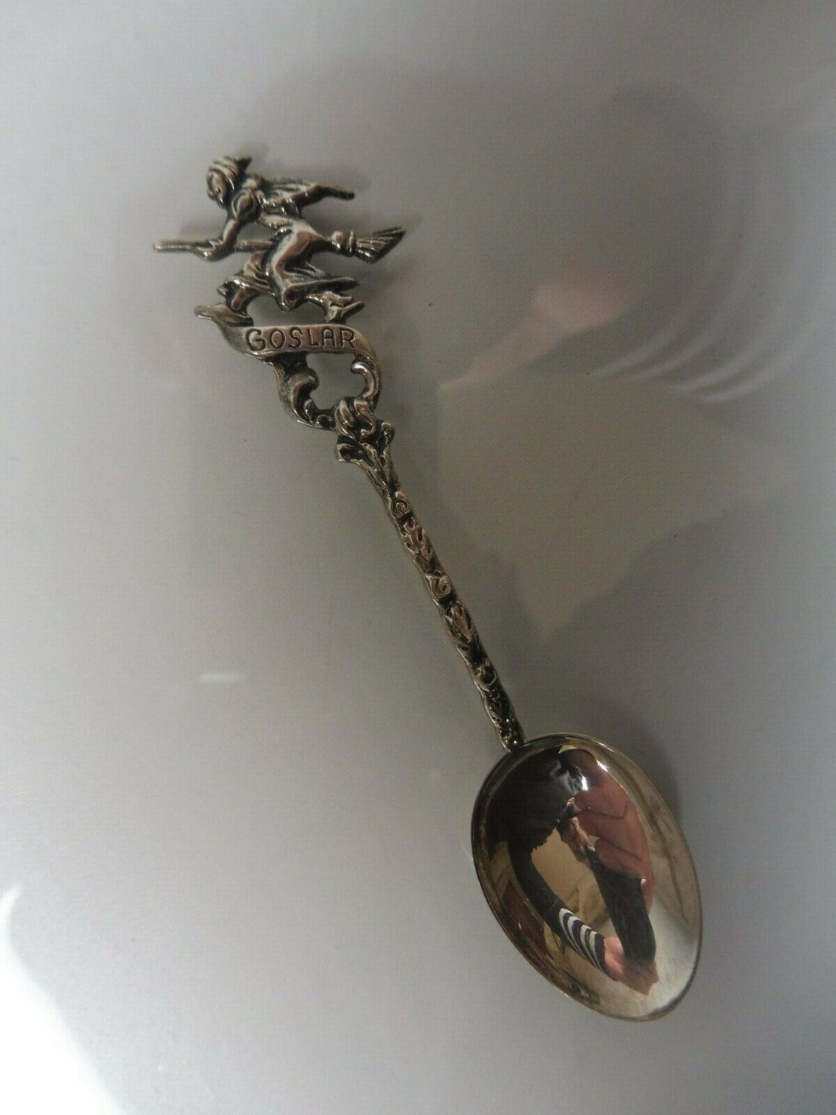 Old Decorative Spoon, 835 Silver, With Witch, Goslar, Silver Spoon