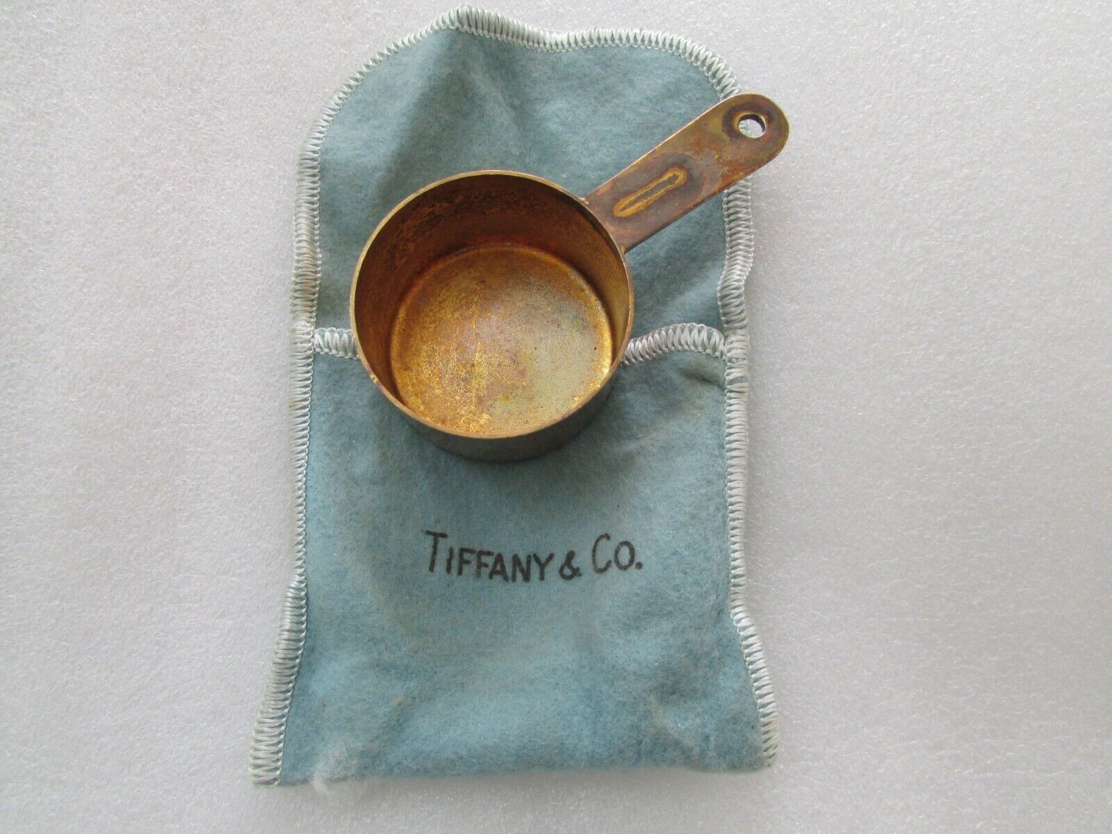 Tiffany & Co Makers Sterling Silver Gold Tone Measuring Cup With Storage Bag