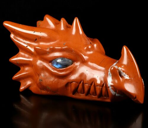 5.8" Red Jasper Carved Crystal Dragon Skull, Labradorite Eyes